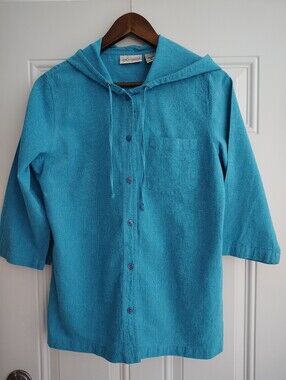 Kim Rogers Linen Cotton Blend Hooded Button Down Shirt Turquoise Size Medium